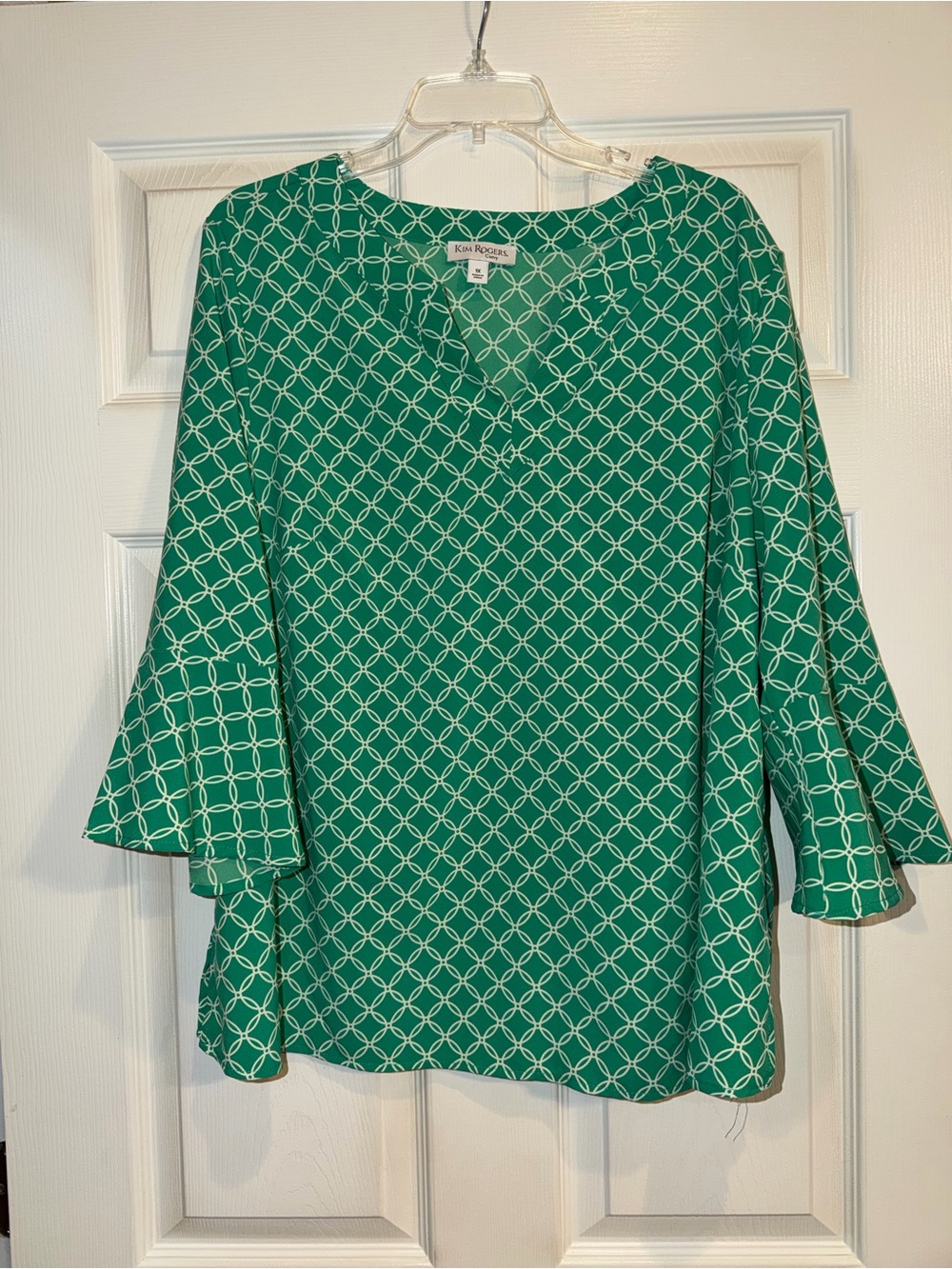 Kim Rogers Emerald Green Geometric Bell-Sleeve Blouse. Size 1X. EUC